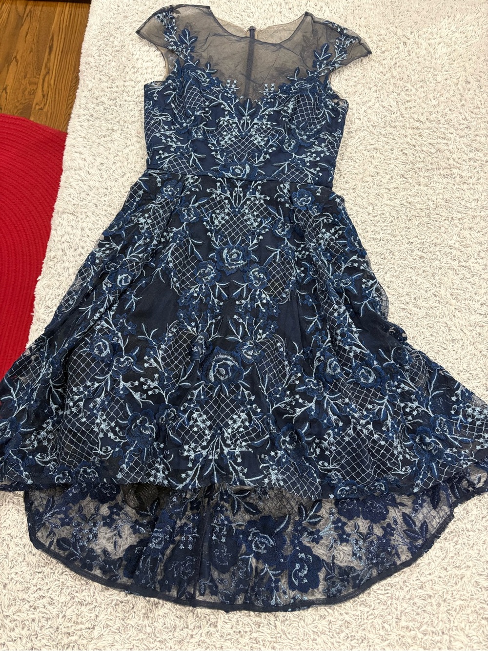 Embroidered Navy Asymmetrical Evening Dress